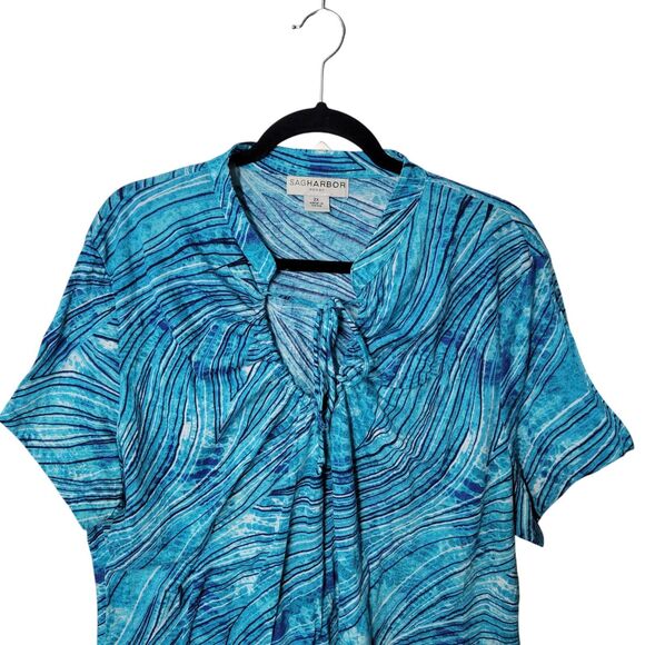 Sag Harbor Womens Sz 2X Blue Striped Short Sleeve Blouse - Picture 2 of 11